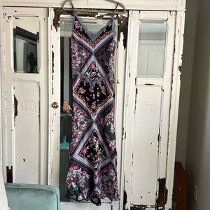 NWT Free People 'Stevie' Printed Flowy Maxi Dress Small Graphite Combo Lace Trim